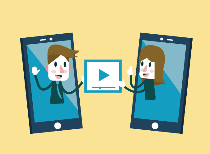 two people in phones exchanging a video file graphic
