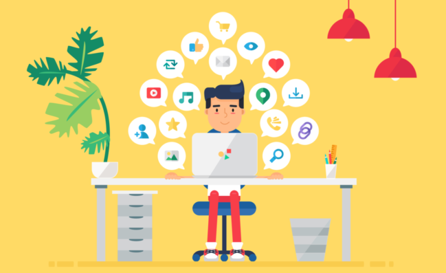 man sitting on laptop with social media icons surrounding him